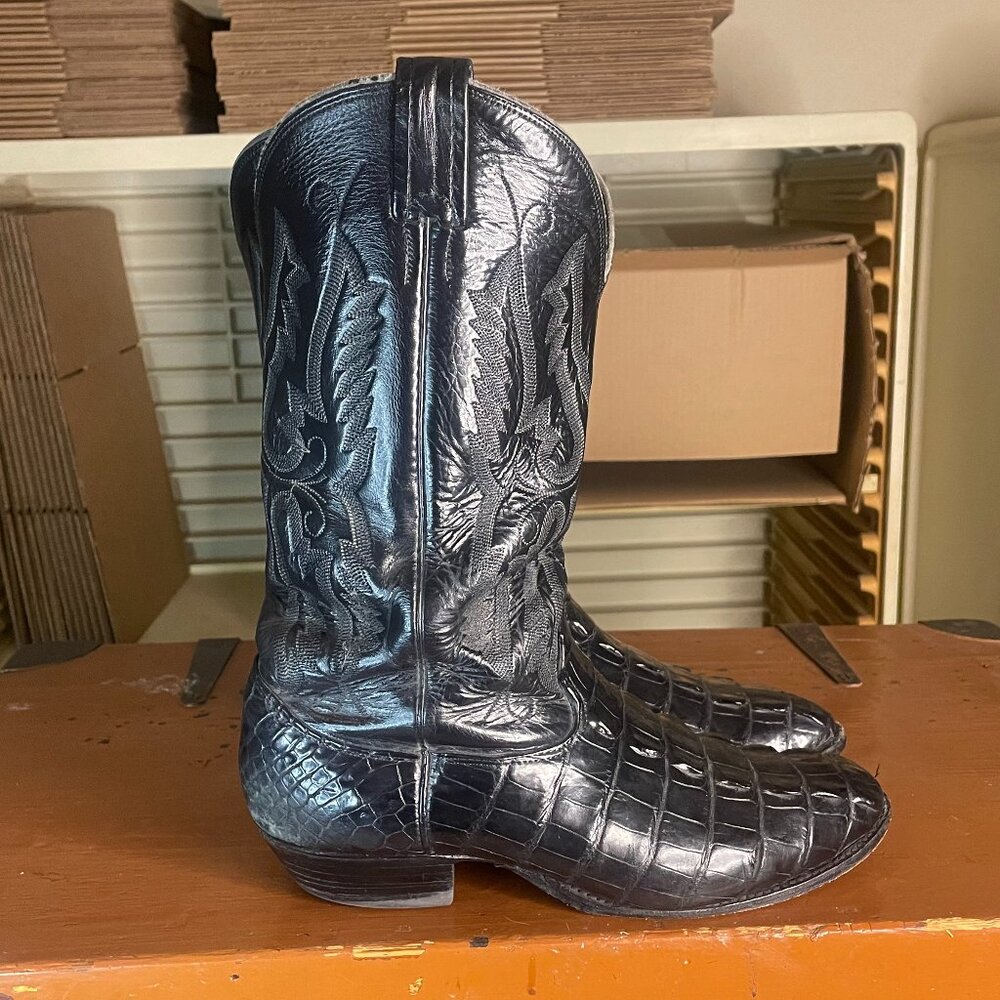 LARRY MAHAN Men's Size 10 D Black Leather Alligator Cowboy Western Boots